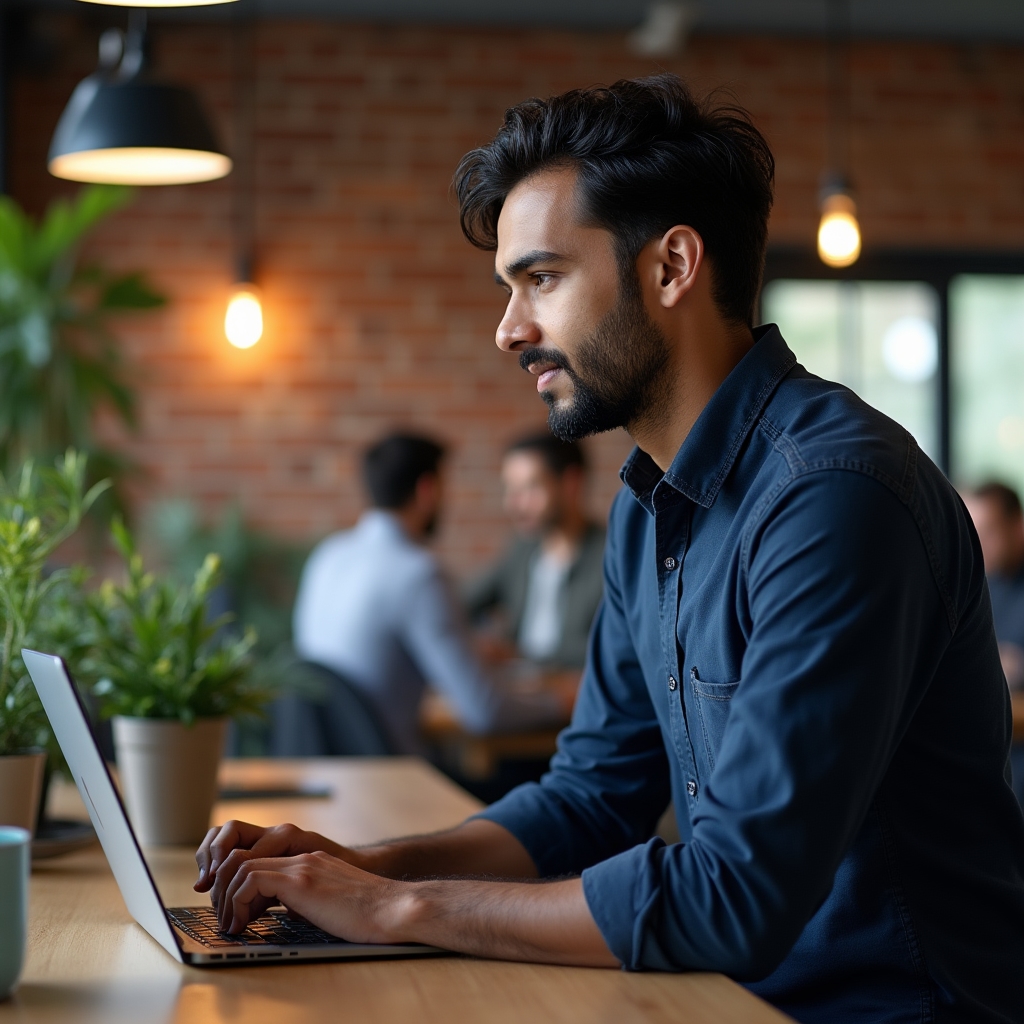 Freelancer pracujący przy laptopie w przestrzeni coworkingowej