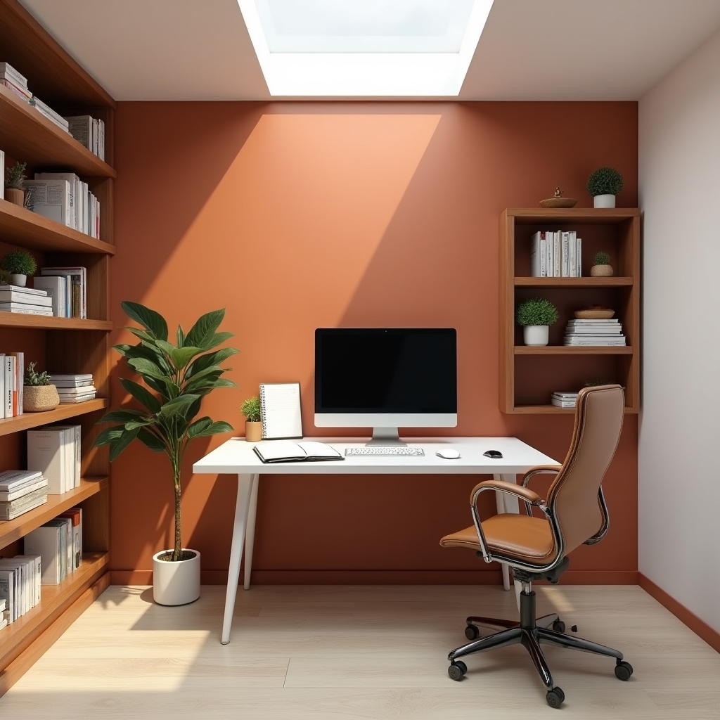 Ergonomiczne stanowisko pracy zdalnej z monitorem, roślinami i naturalnym oświetleniem